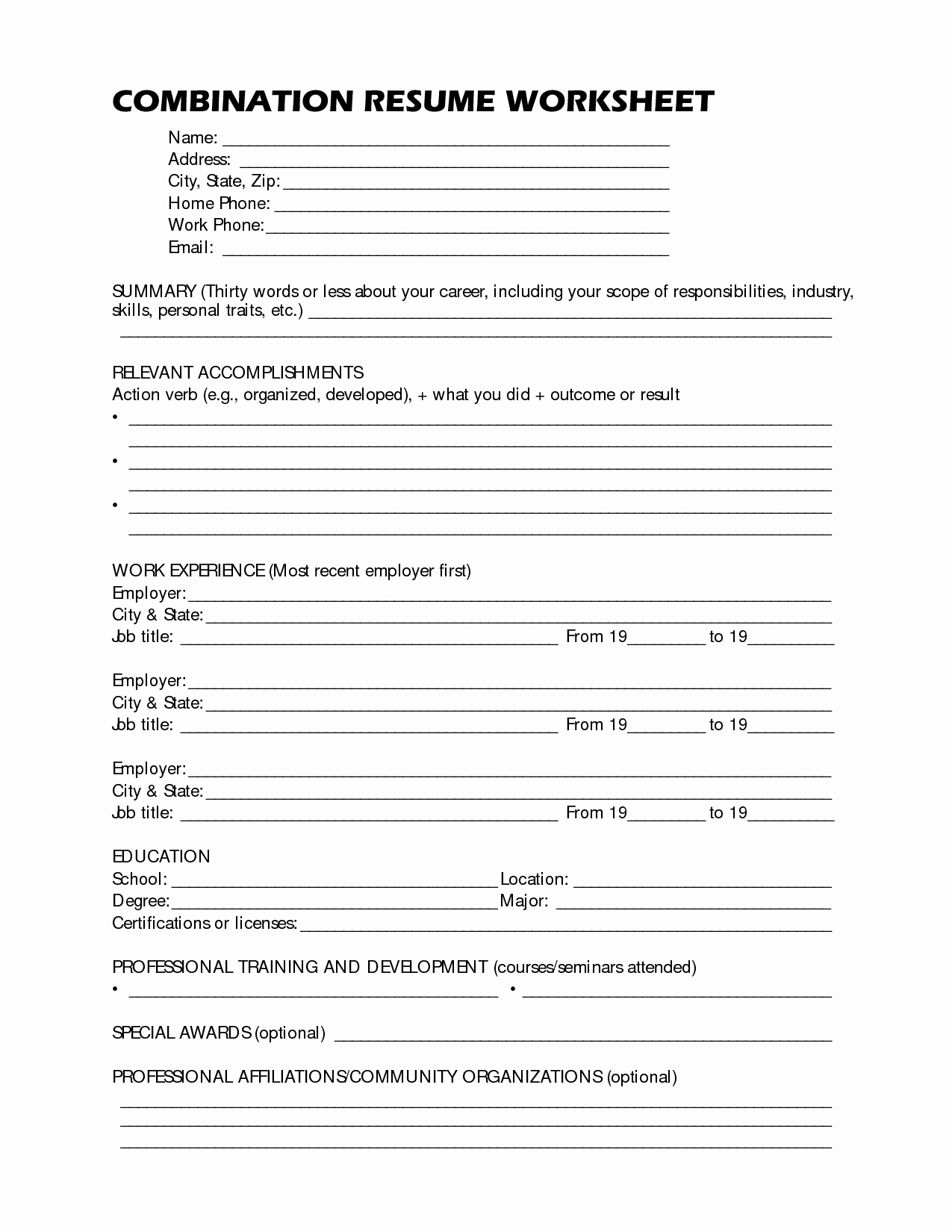 building a resume worksheet