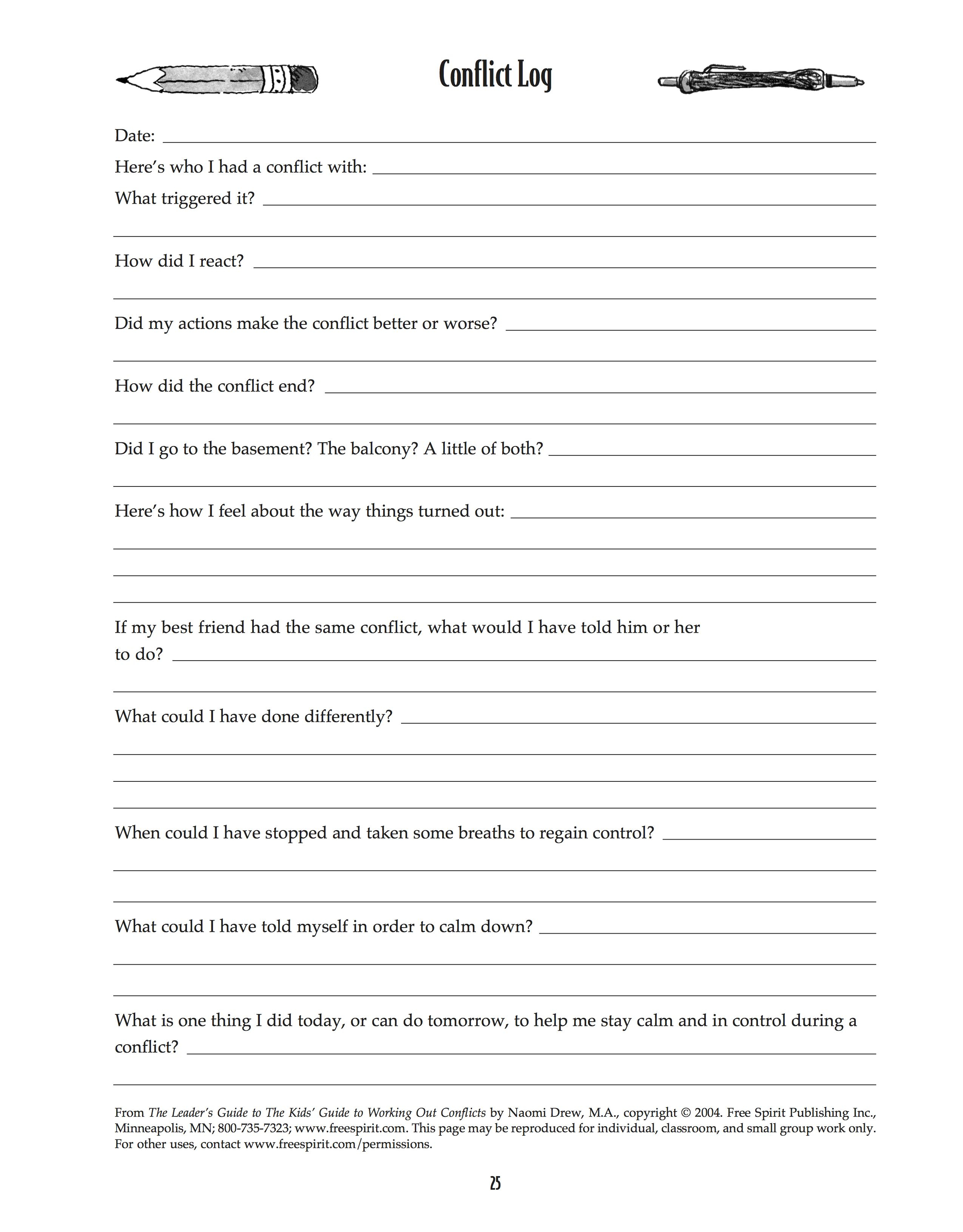 Free Printable Worksheet: Conflict Log. Help Kids Understand And | Free Printable Worksheets For Elementary Students