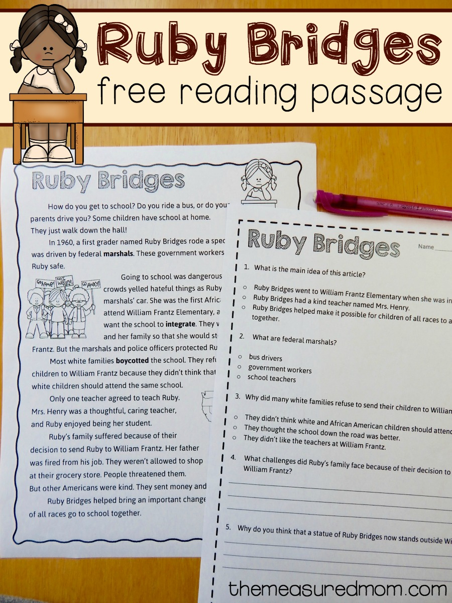 Free Reading Comprehension Passage: A Ruby Bridges Worksheet - The | Ruby Bridges Printable Worksheets