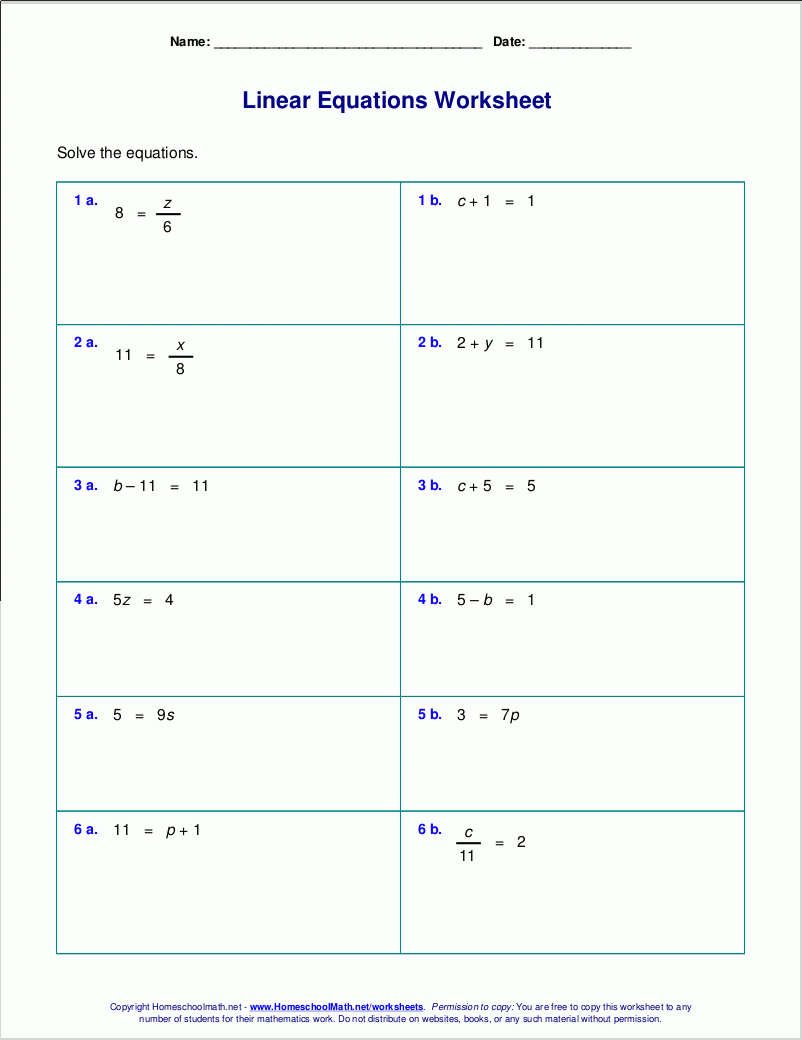 Free Worksheets For Linear Equations (Grades 6-9, Pre-Algebra | Free Printable Math Worksheets Pre Algebra