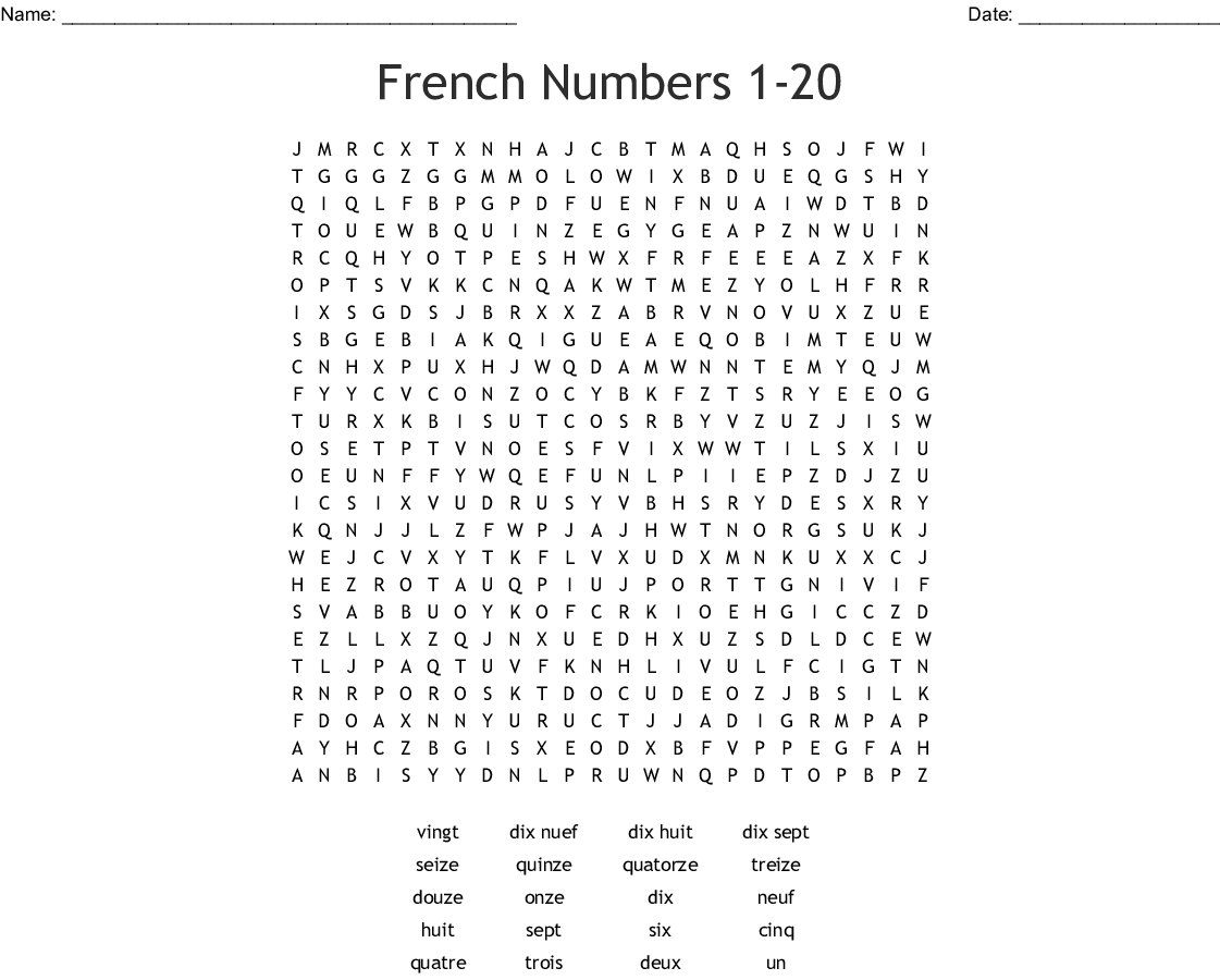 French Numbers 1-20 Word Search - Wordmint | French Numbers 1 20 Printable Worksheets