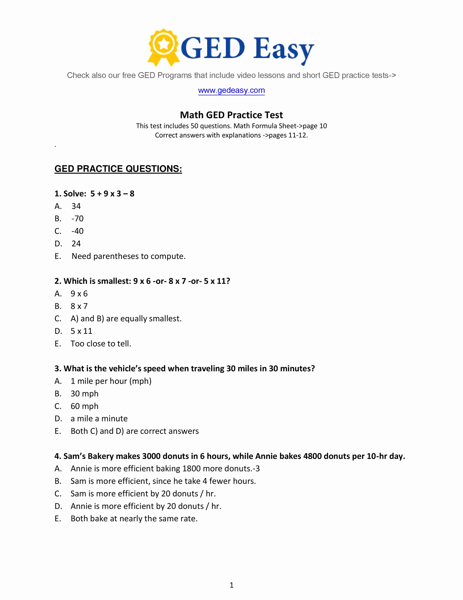 Ged Math Practice Test 2016 Awesome Ged Test Preparation Materials | Free Printable Ged Worksheets