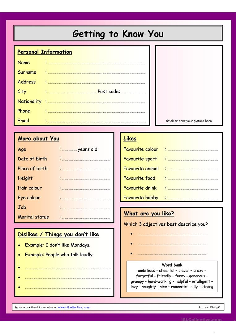 Getting To Know You Questions For Students Worksheet