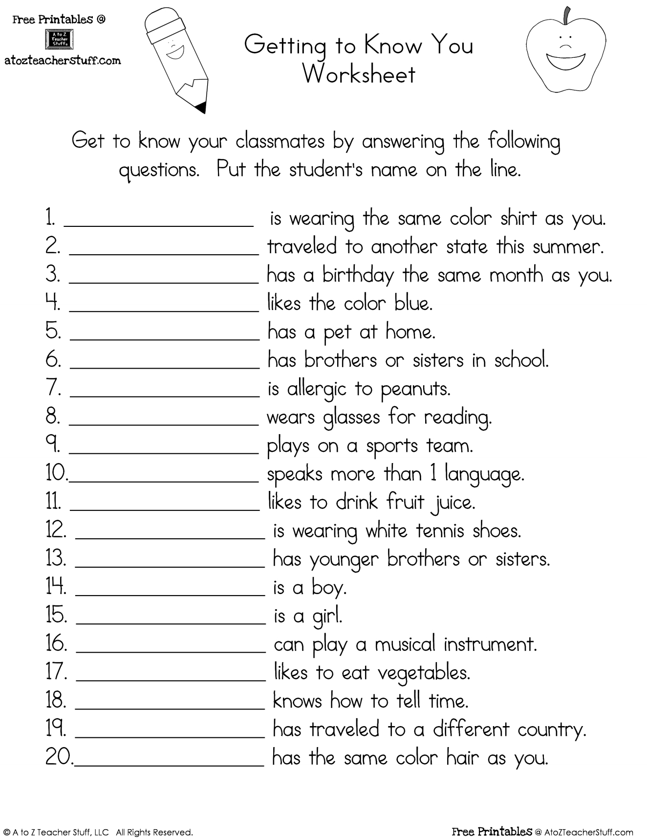 Getting To Know You Worksheet | A To Z Teacher Stuff Printable Pages | Printable Getting To Know You Worksheets