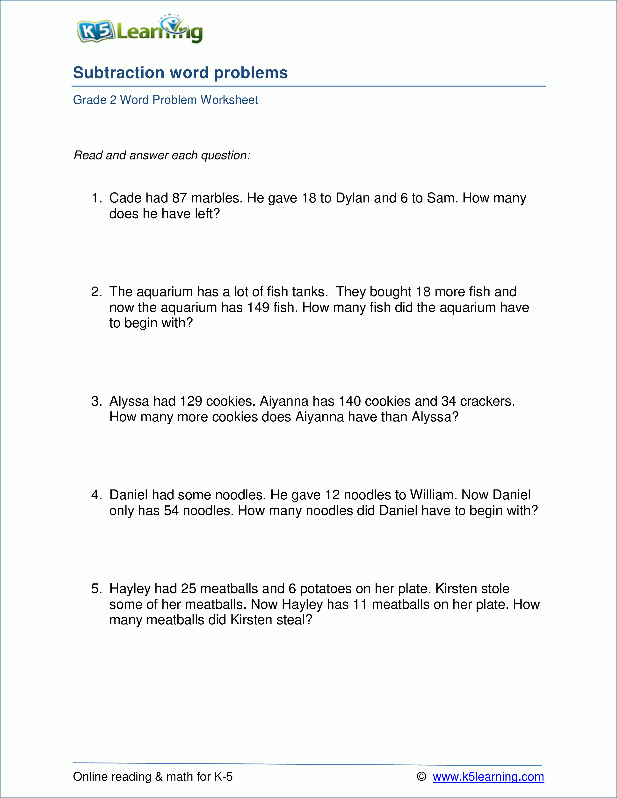 Grade 2 Subtraction Word Problem Worksheets (1-3 Digits) | K5 Learning | Grade 2 Math Word Problems Printable Worksheets