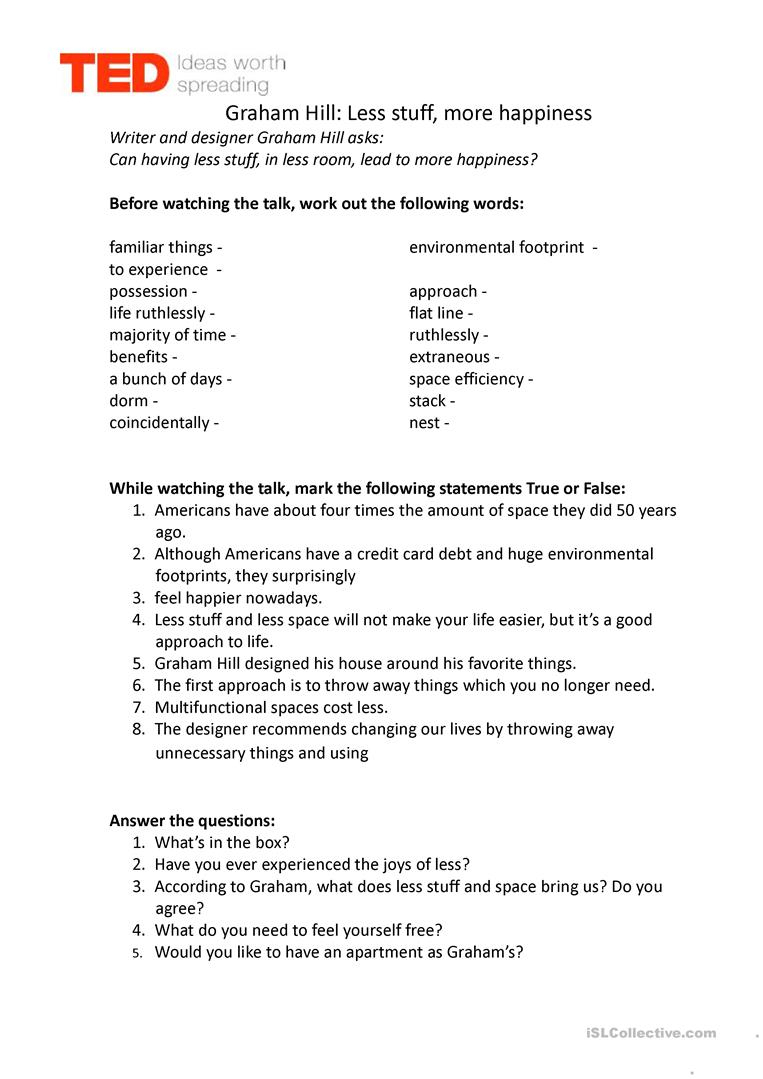 Graham Hill: Less Stuff, More Happiness Worksheet - Free Esl | Happiness Printable Worksheets