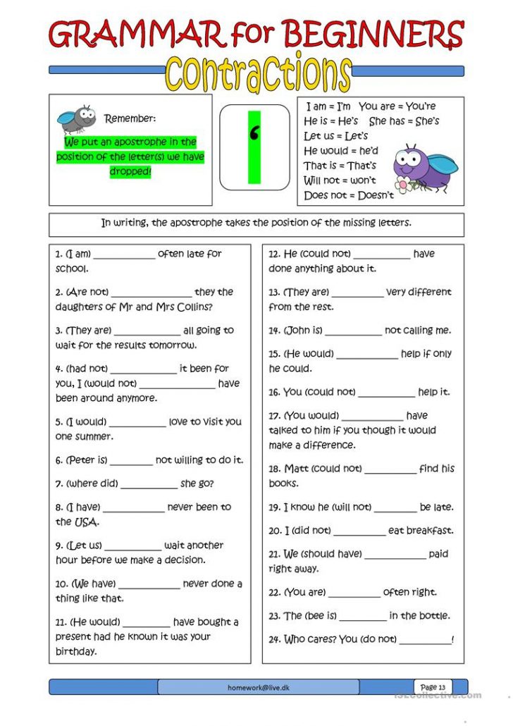 grammar for beginners contractions worksheet free esl printable