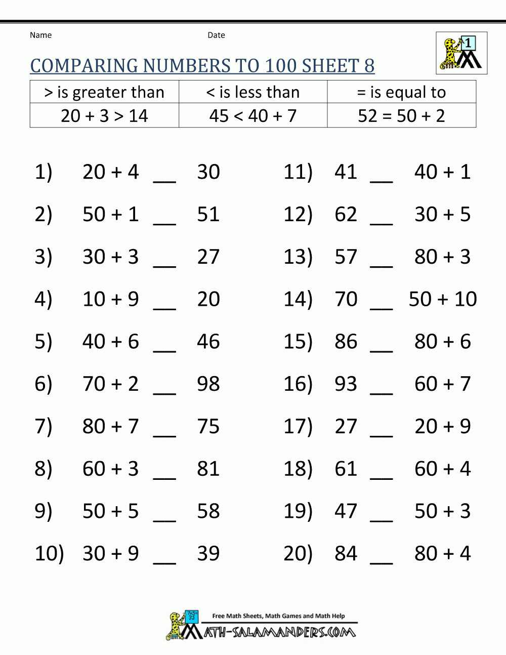 Greater Than Less Than Worksheet - Comparing Numbers To 100 | Greater Than Less Than Worksheets Free Printable