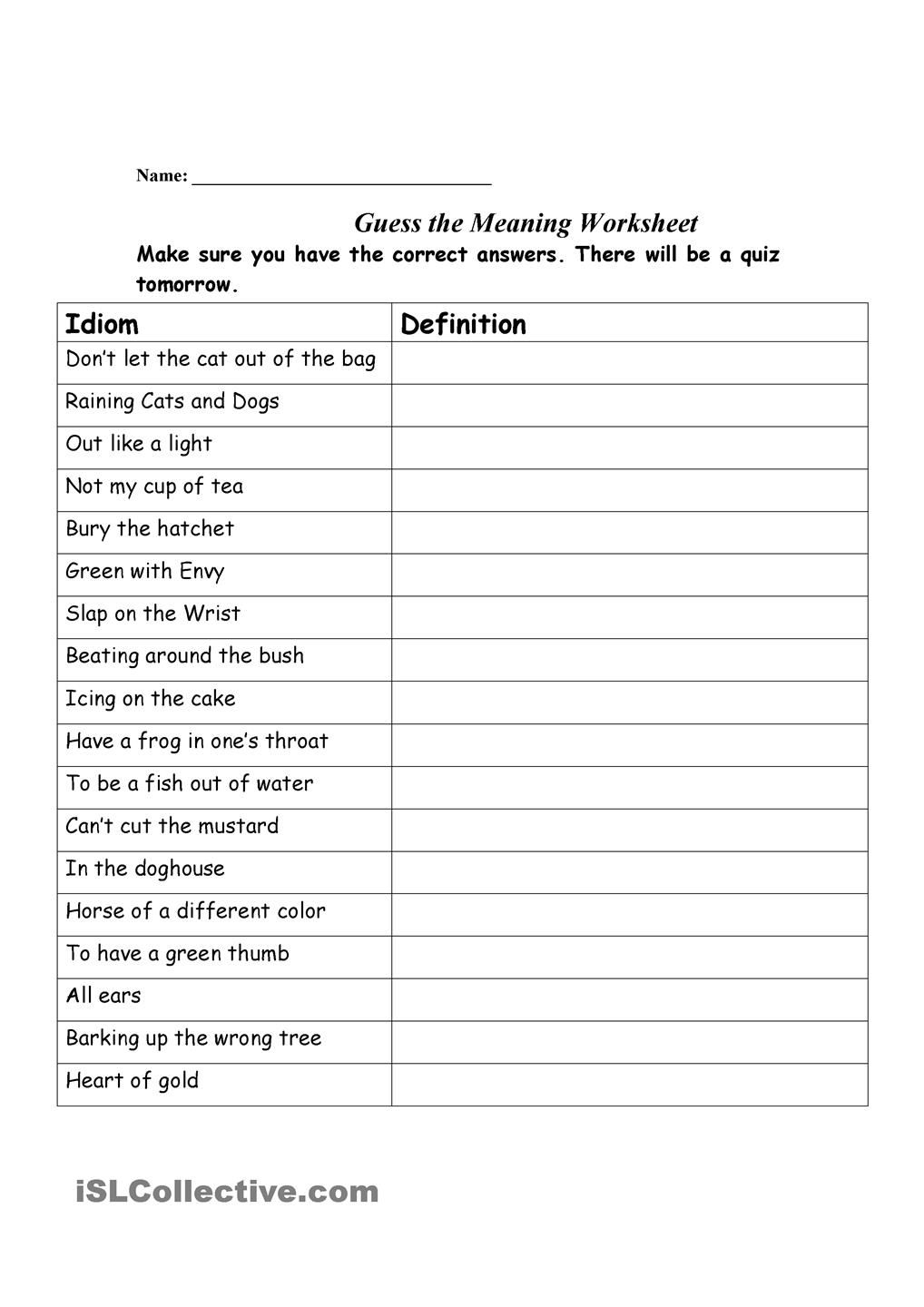 Guess The Meaning Of These Idioms! | Teaching | Idioms, English | Hatchet Worksheets Printable