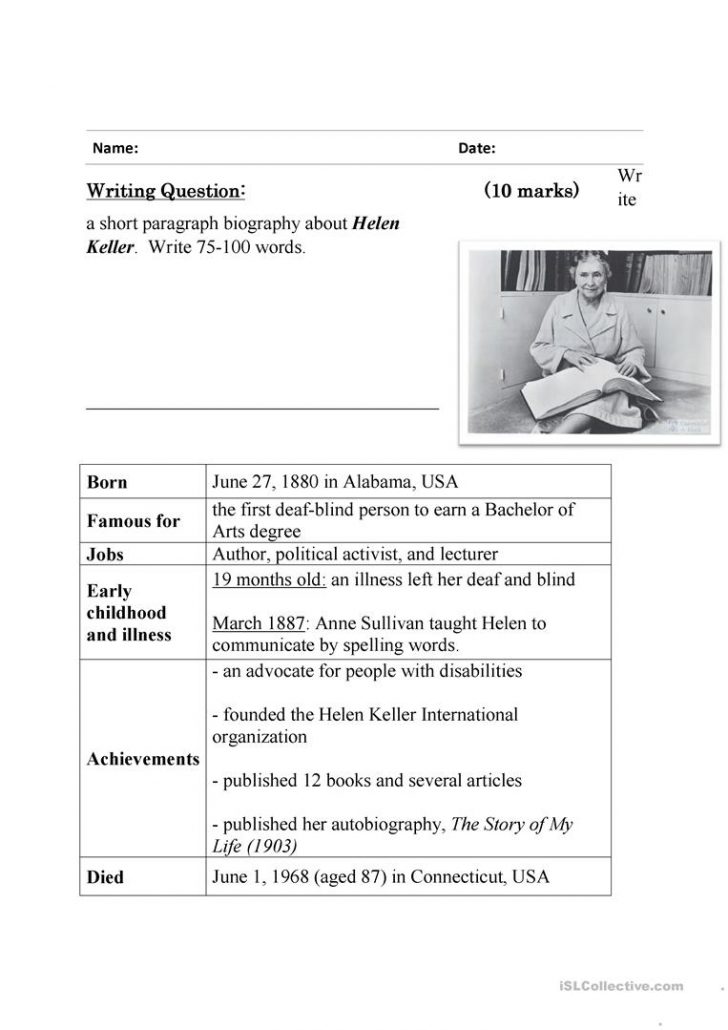 Guided Writing - Writing A Biography ( Helen Keller) Worksheet ...