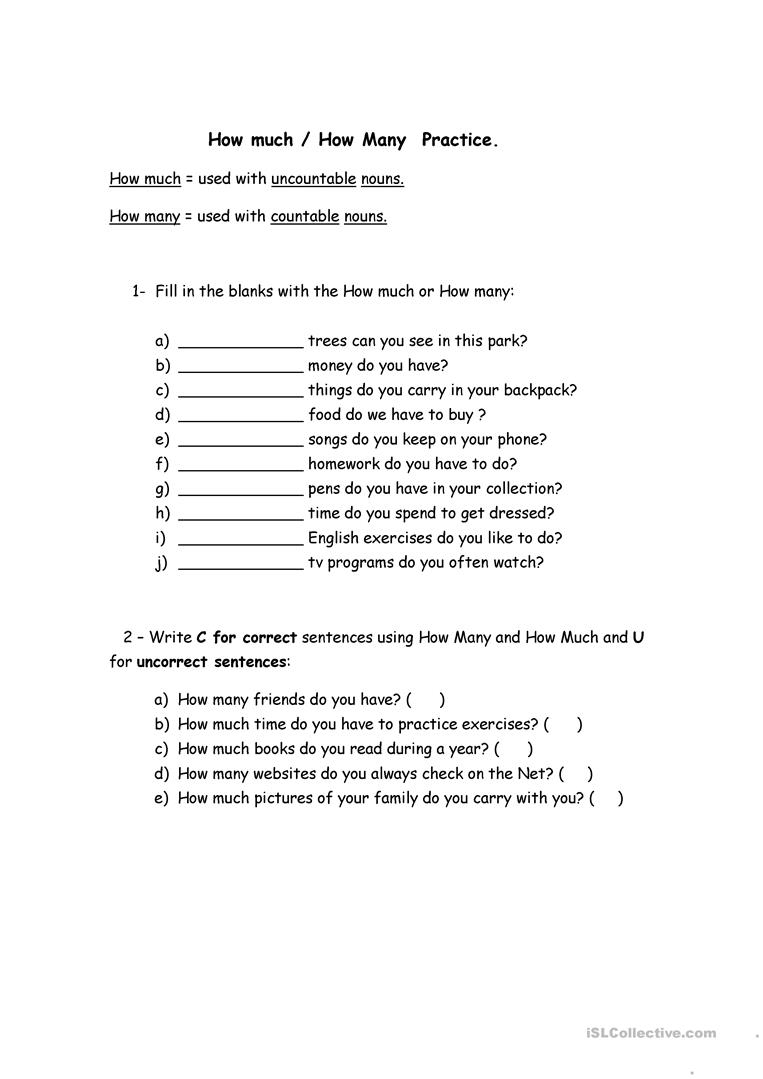 How Much /how Many Practice. Worksheet - Free Esl Printable | How Many How Much Worksheets Printable