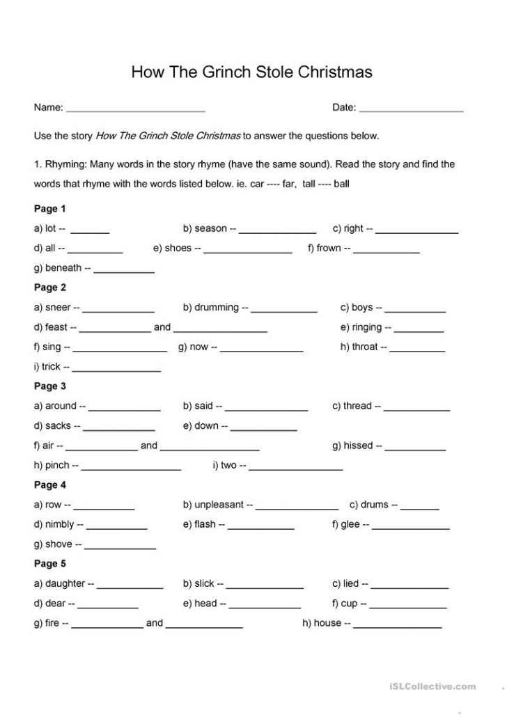 How The Grinch Stole Christmas - Rhyming And Comprehension Worksheet ...