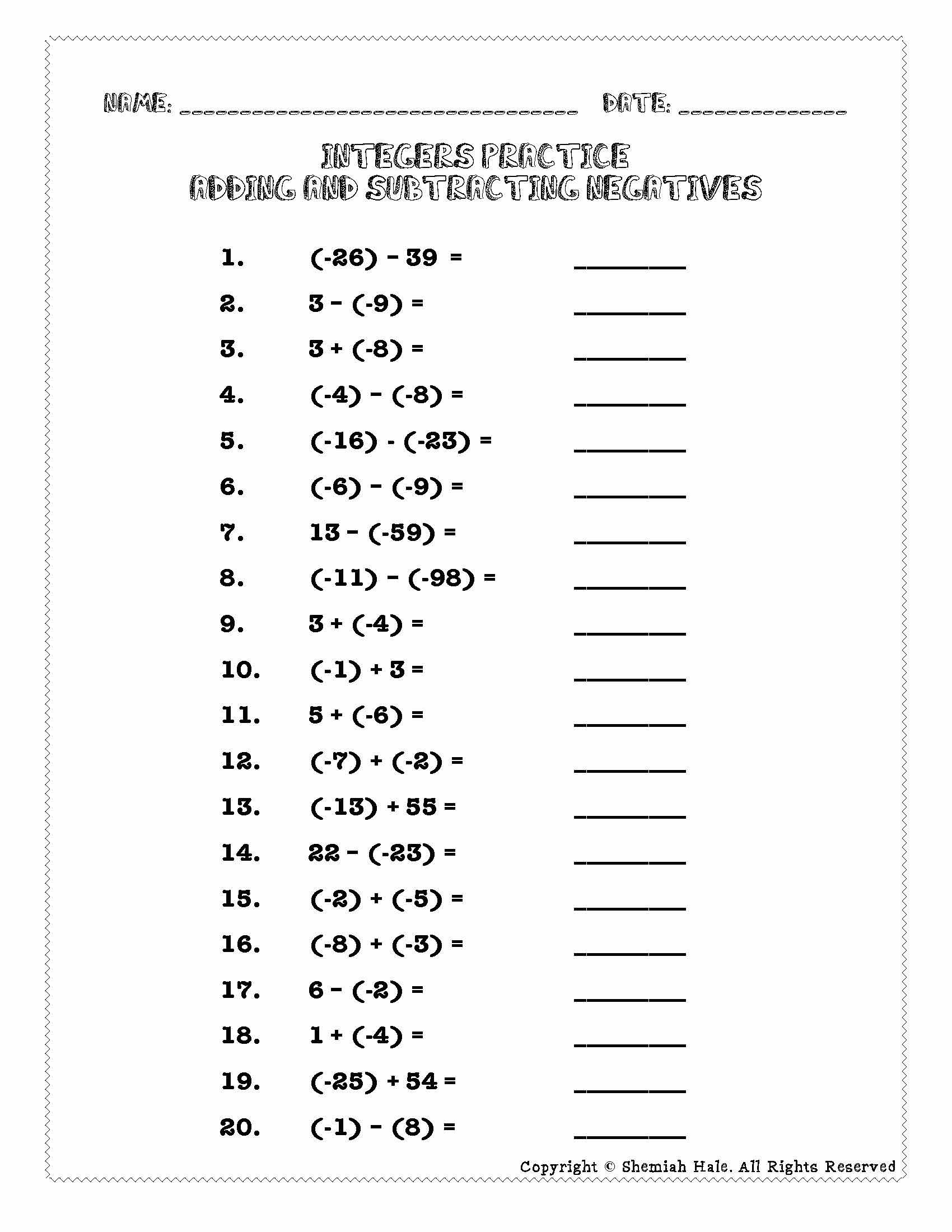 Integers Rules, Number Line, Notes And Practice Problems Worksheets | Free Printable Integer Worksheets