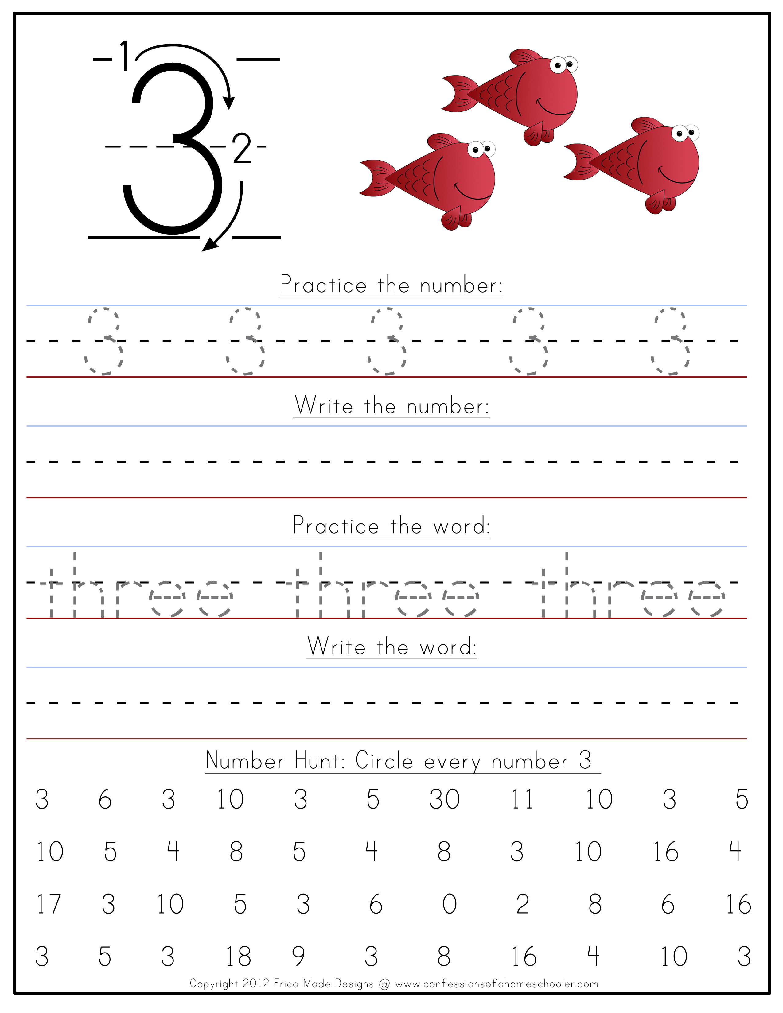 Kindergarten Number Writing Worksheets - Confessions Of A Homeschooler | Free Printable Number 3 Worksheets