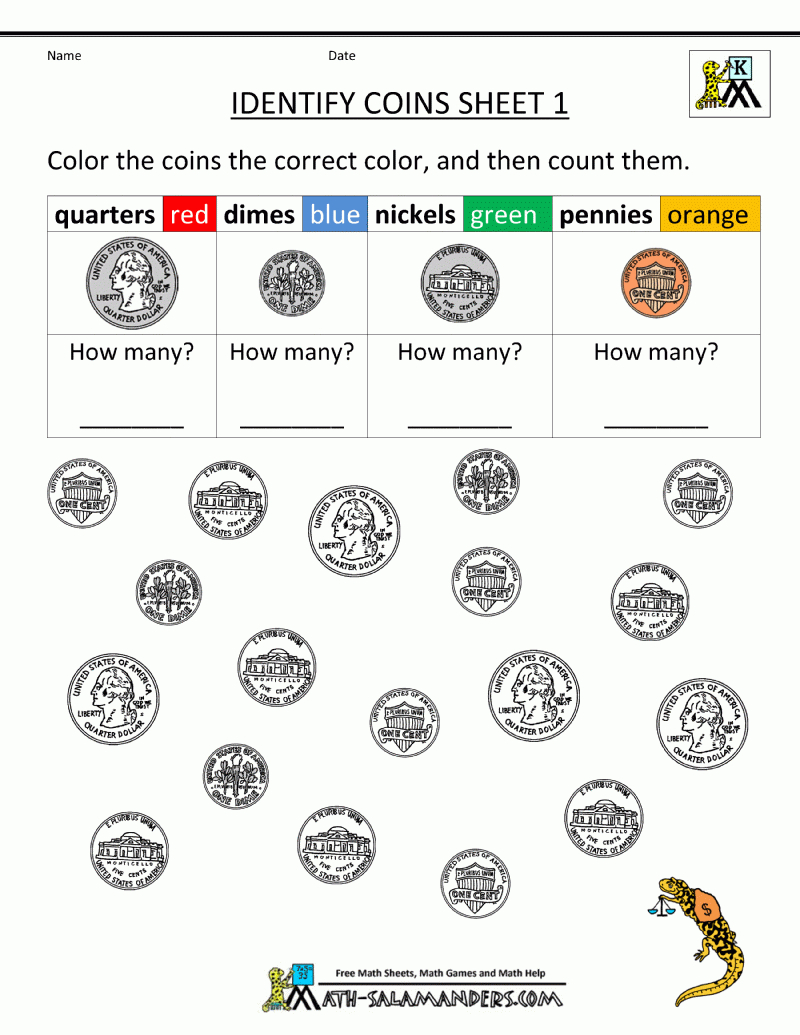 Kindergarten-Printable-Worksheets-Identify-Coins-1.gif (800×1035 | Kindergarten Money Worksheets Free Printable