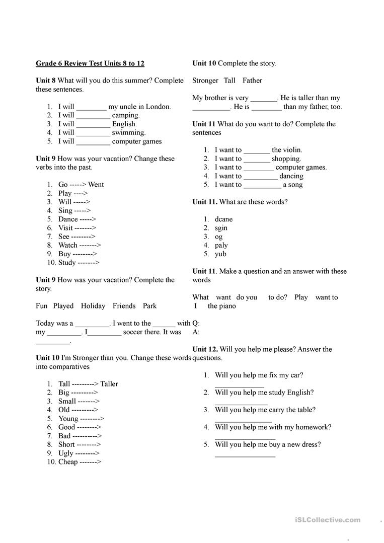Korean Elementary English Review Grade 6 Units 8 To 12 Worksheet | Year 10 English Worksheets Printable