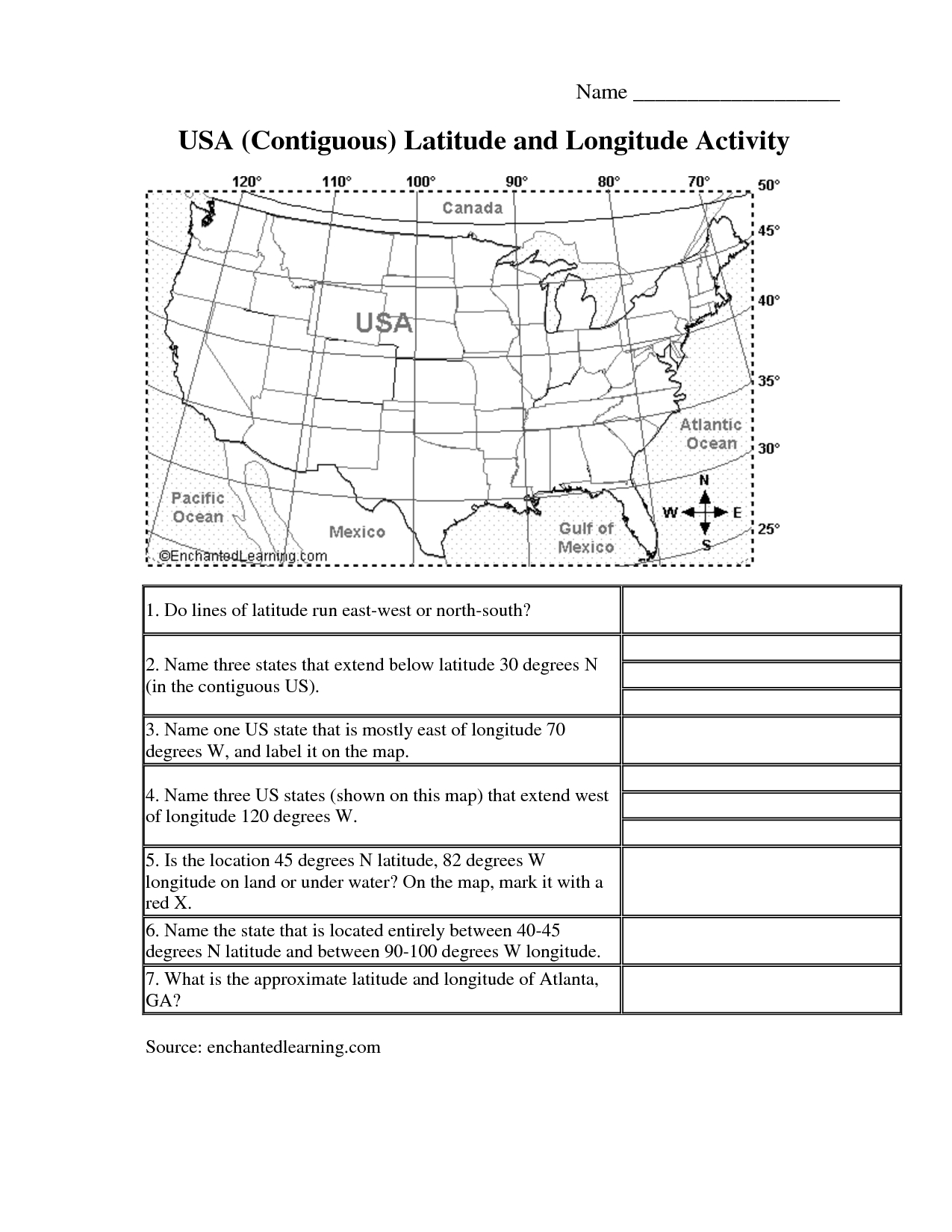 Latitude And Longitude Elementary Worksheets | Usa _Contiguous_ | Latitude And Longitude Printable Practice Worksheets