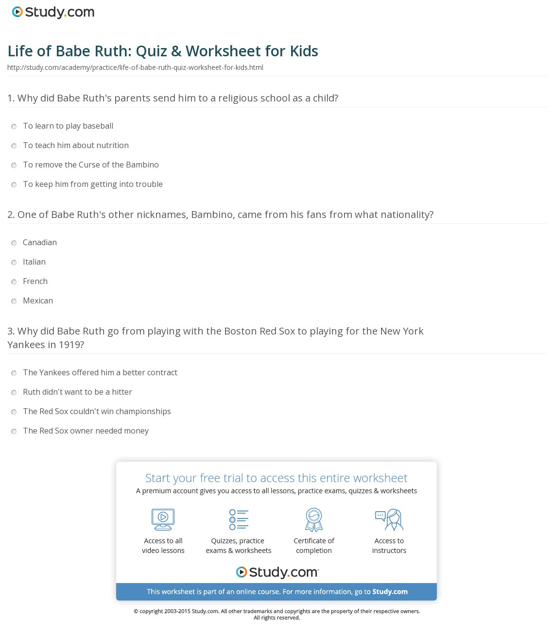 Life Of Babe Ruth: Quiz &amp;amp; Worksheet For Kids | Study | Free Printable Worksheets On Jackie Robinson