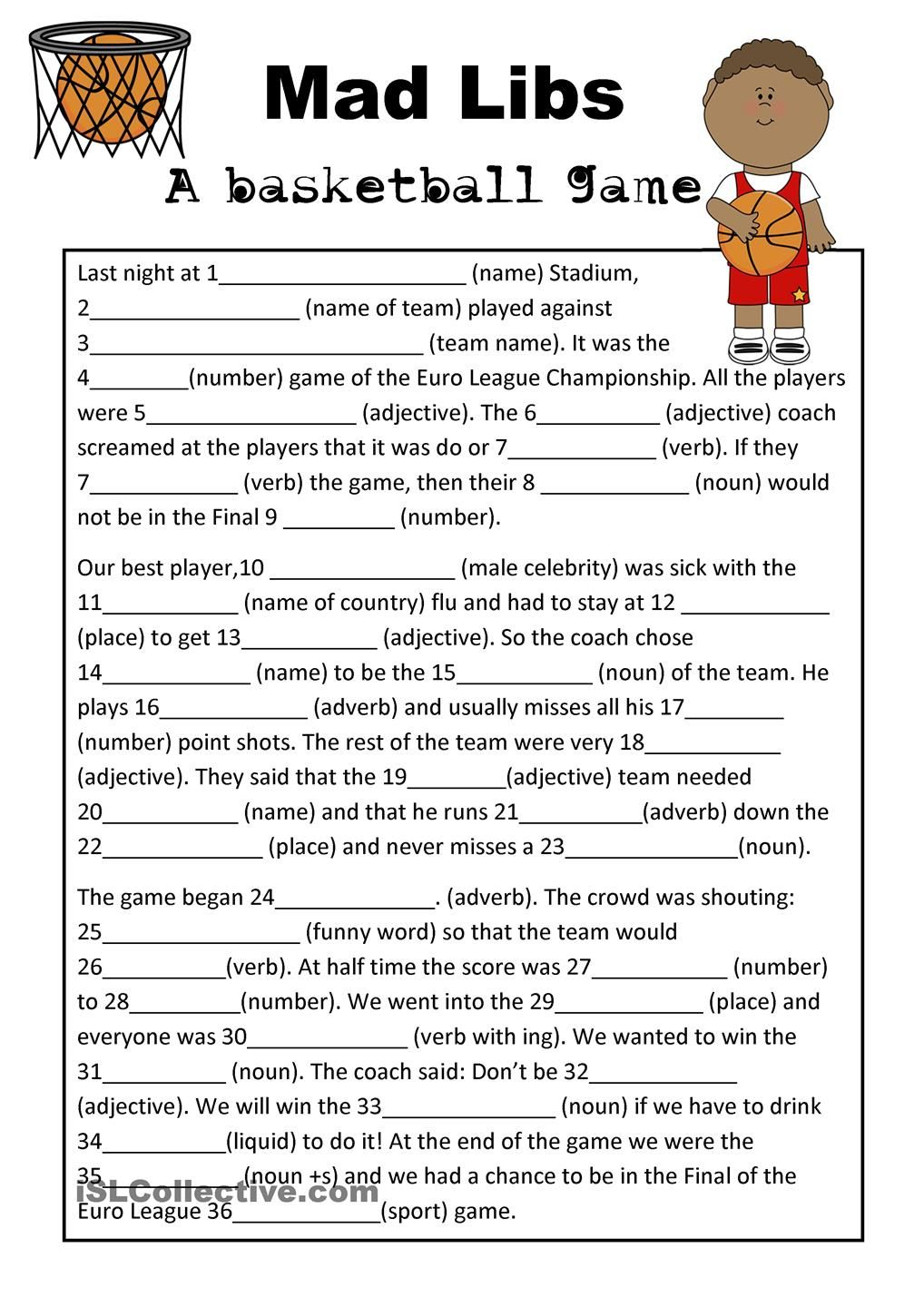 Mad Libs Basketball Game | Teaching Esl | Basketball Games For Kids | Funny Mad Libs Printable Worksheets