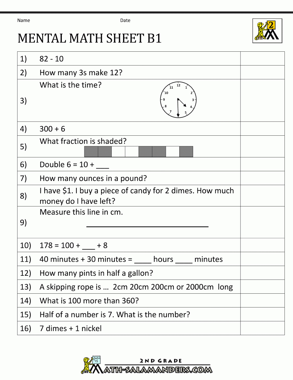 Mental Math 2Nd Grade | Math Test Printable Worksheets