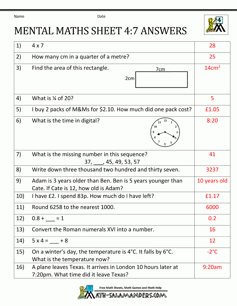 Mental Maths Test Year 4 Worksheets | Math Test Printable Worksheets