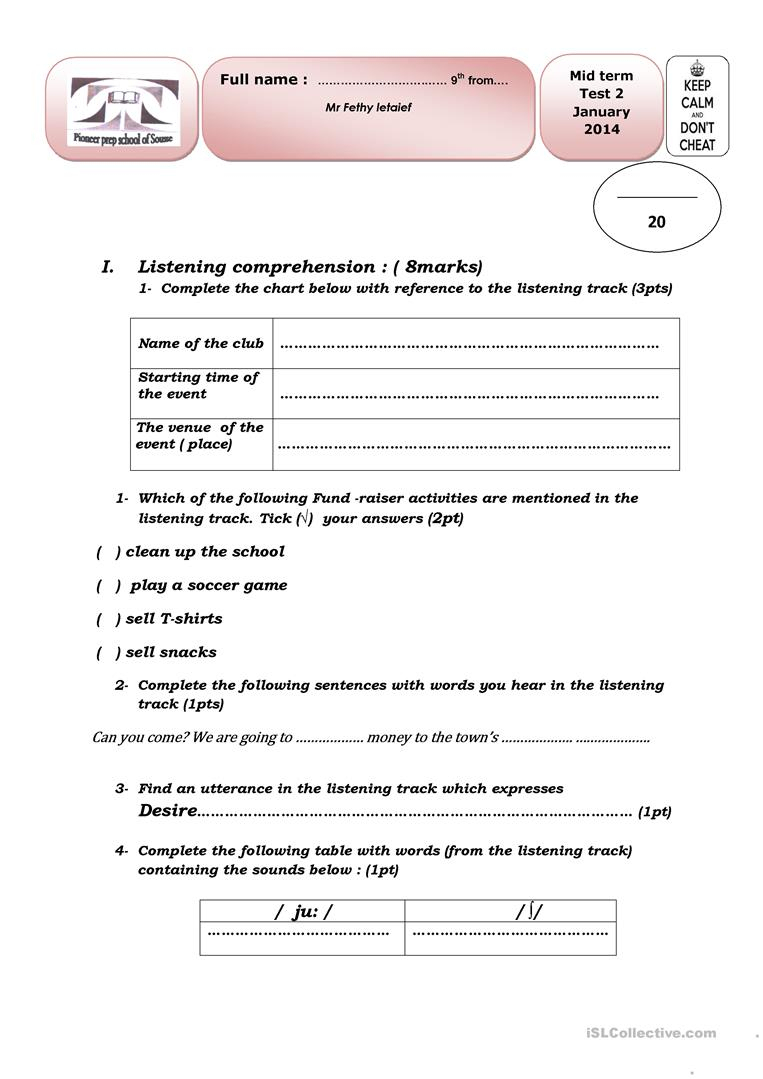 Mid Term Test Nb 2 9Th Grade Level Tunisia Worksheet - Free Esl | 9Th Grade English Worksheets Printable Free