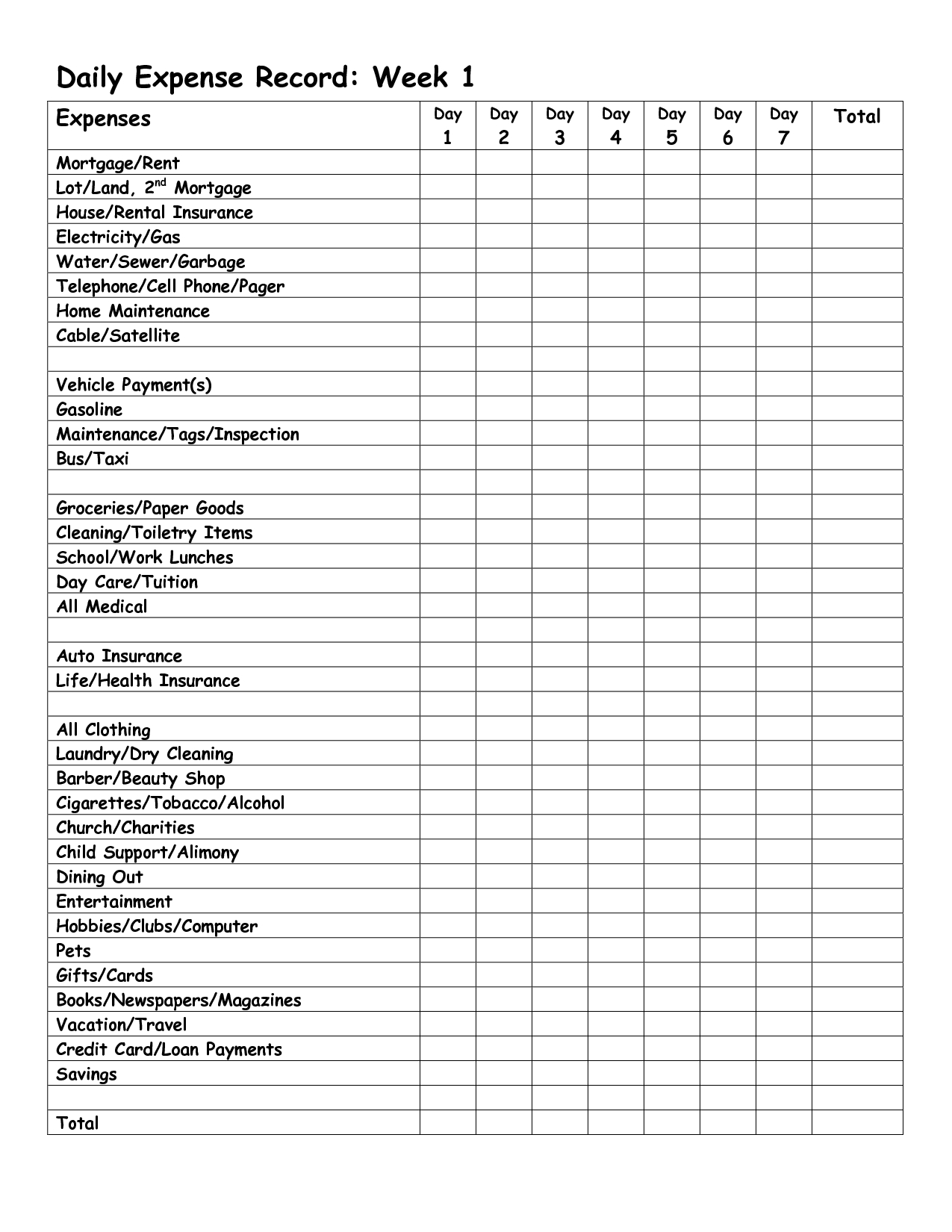 Monthly Expense Report Template | Daily Expense Record Week 1 | Daily Budget Worksheet Printable