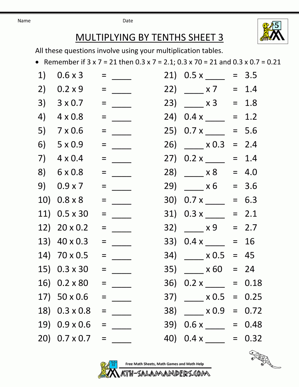 Printable Multiplication Sheet 5Th Grade Fifth Grade Printable Worksheets Printable Worksheets 