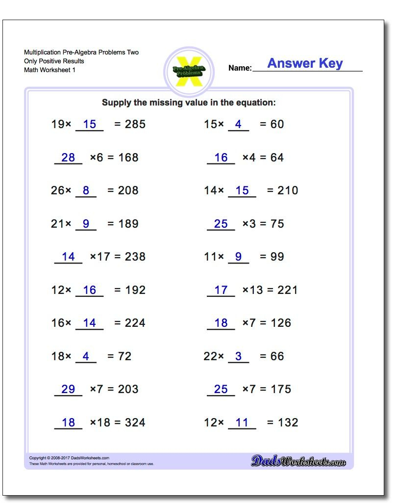 Multiplication Pre-Algebra Problems | Multiplication Worksheets | Free Printable Math Worksheets Pre Algebra
