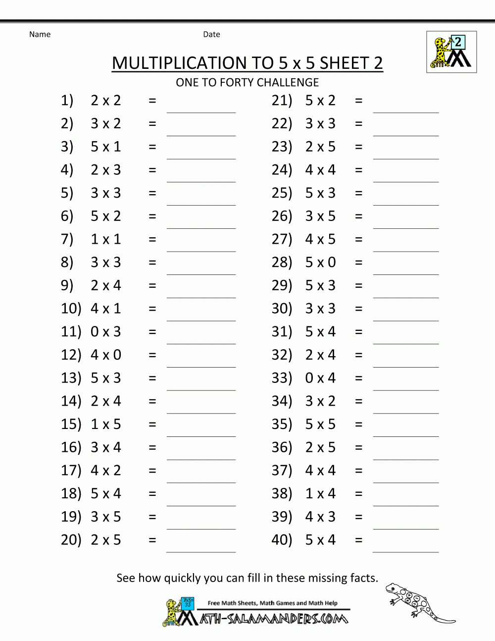 Multiplication To 5X5 Worksheets For 2Nd Grade | Multiplication 2 Worksheet Printable