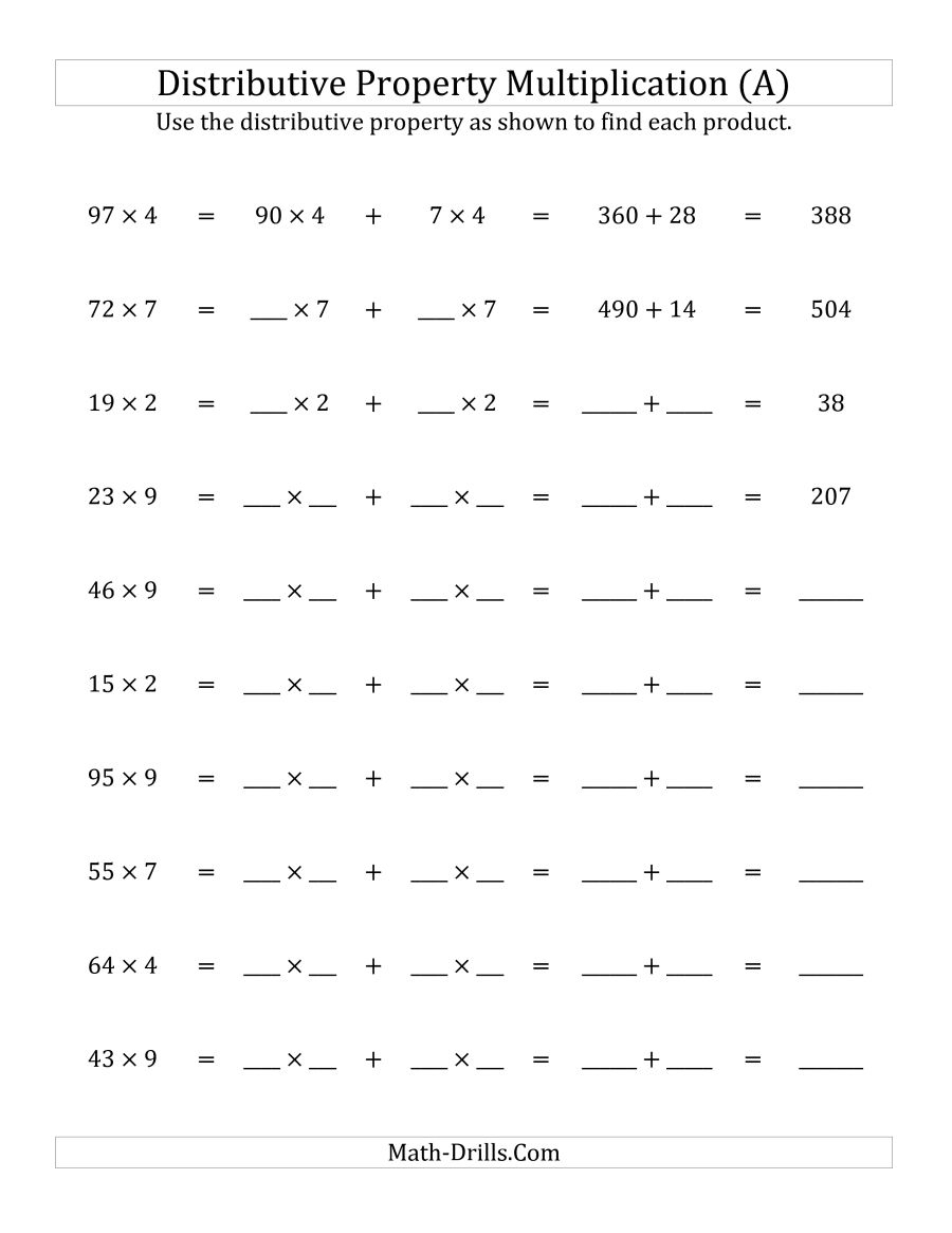 Multiply 2-Digit1-Digit Numbers Using The Distributive Property (A) | Free Printable Distributive Property Worksheets