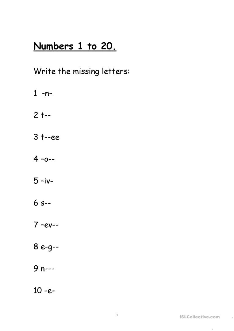 Numbers 1 To 20. Fill The Missing Letters Worksheet - Free Esl | Fill In The Missing Letters In Words Printable Worksheets