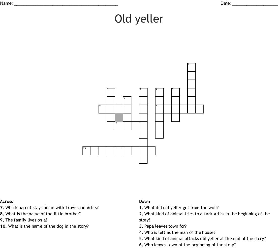 Old Yeller Crossword - Wordmint | Old Yeller Printable Worksheets