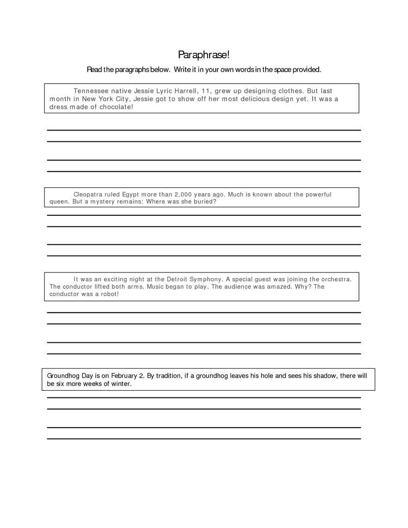 Page 1 - Paraphrase Worksheet.docx | Writing Ideas | High School | Printable Paraphrase Practice Worksheet