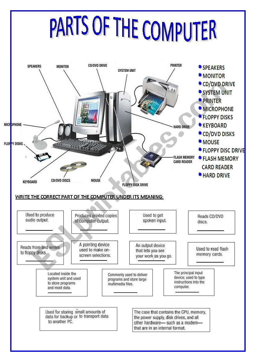 Parts Of The Computer - Esl Worksheetsilvina Joaquina | Parts Of A Computer Worksheet Printable