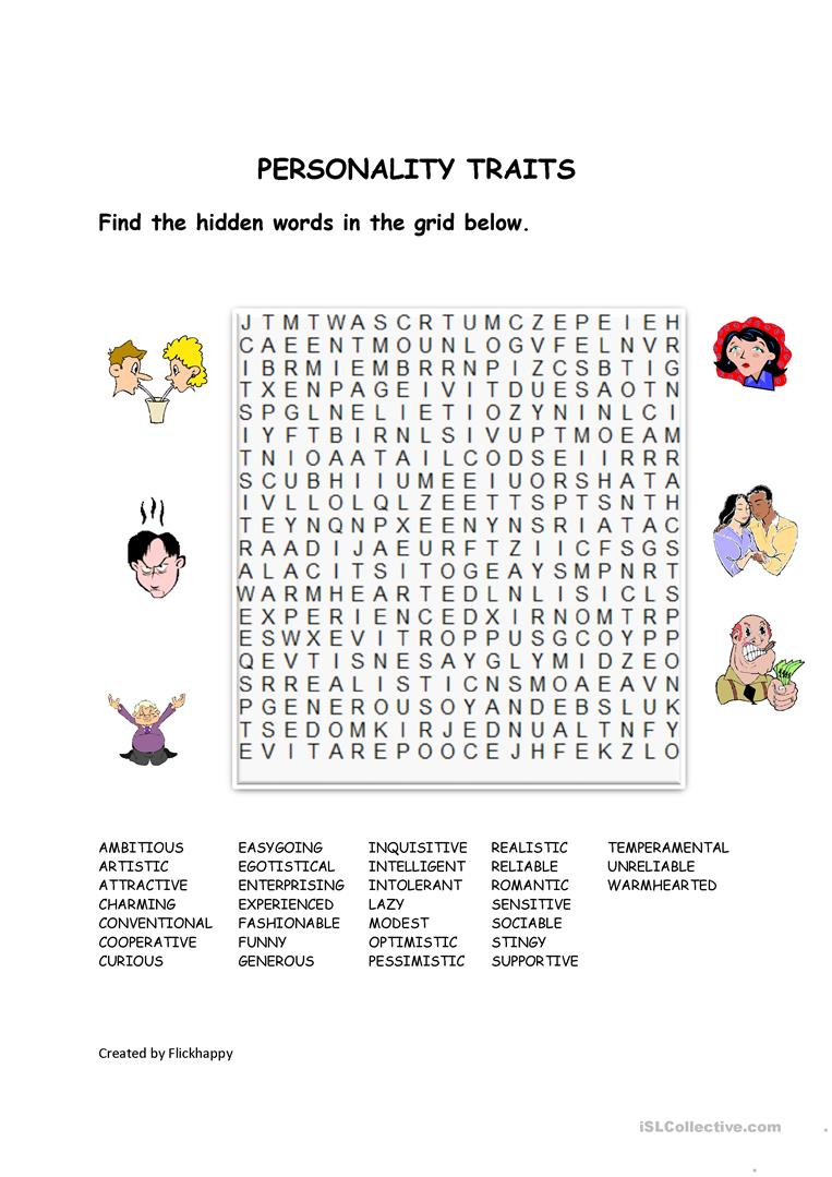 Personality Traits- Wordsearch Worksheet - Free Esl Printable | Printable Character Traits Worksheets