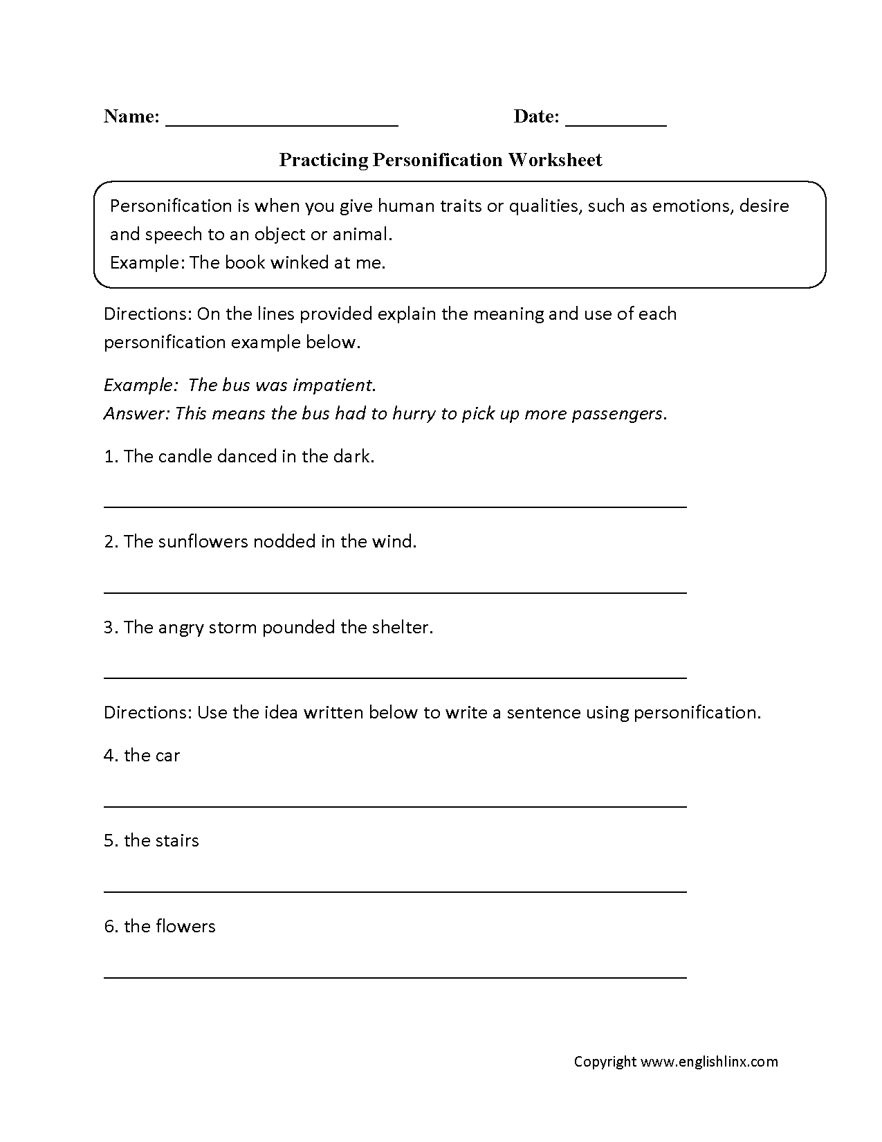 Printable Personification Worksheets Printable Worksheets