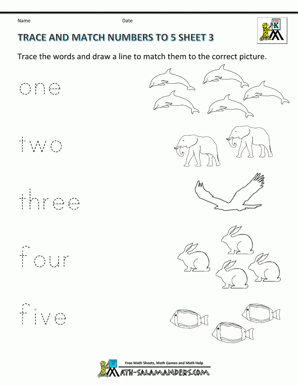 Preschool Math Worksheets - Matching To 5 | Printable Matching Worksheets For Preschoolers