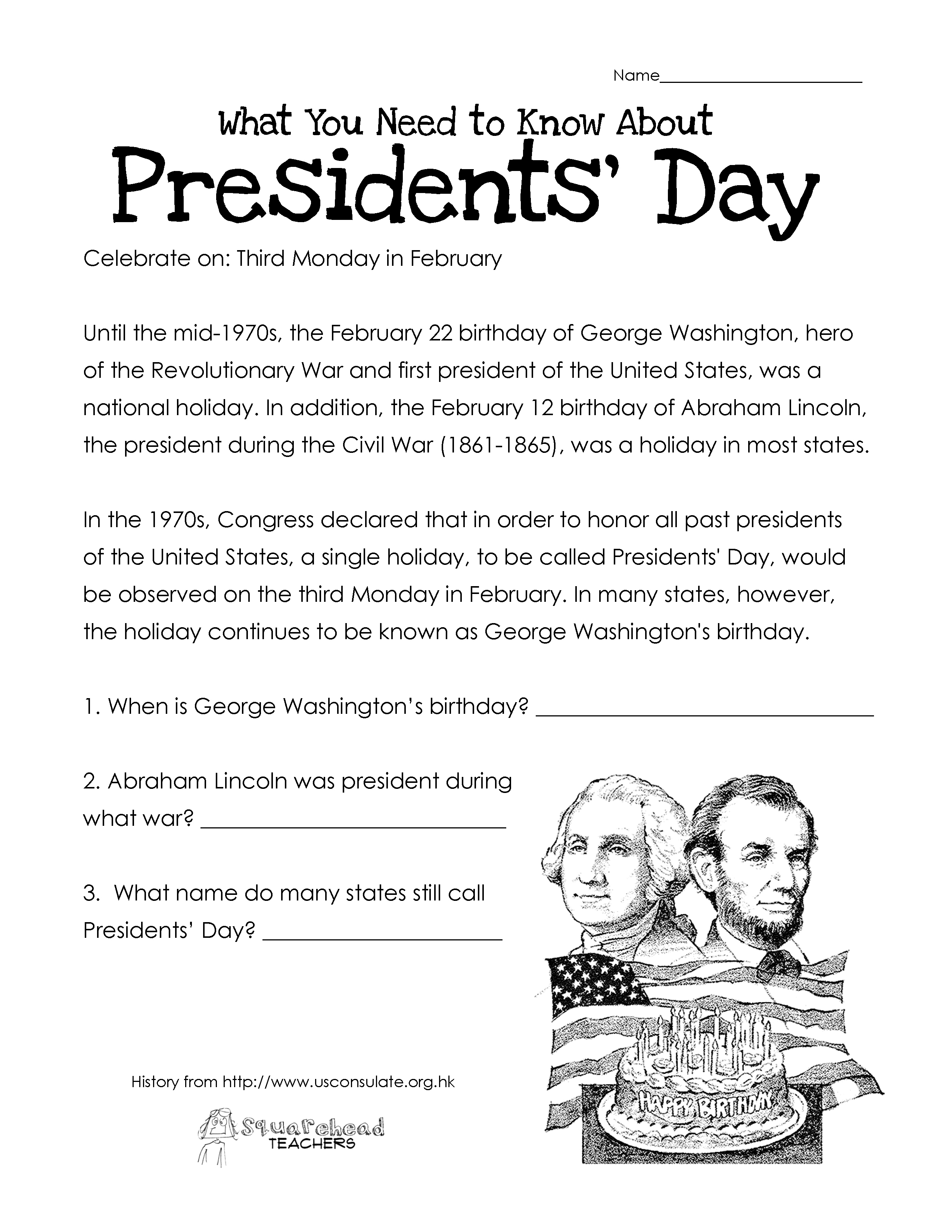Presidents&amp;#039; Day (Free Worksheet) Updated | Squarehead Teachers | Free Printable President Worksheets
