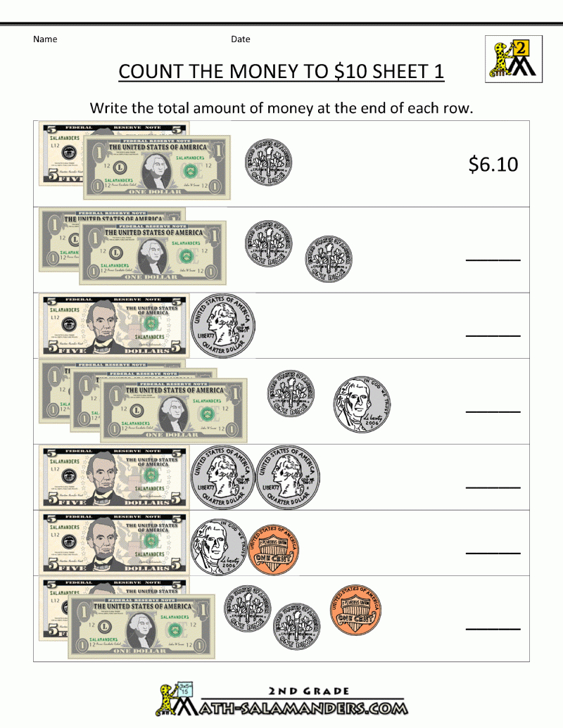 Printable Money Worksheets To $10 | Printable Money Worksheets