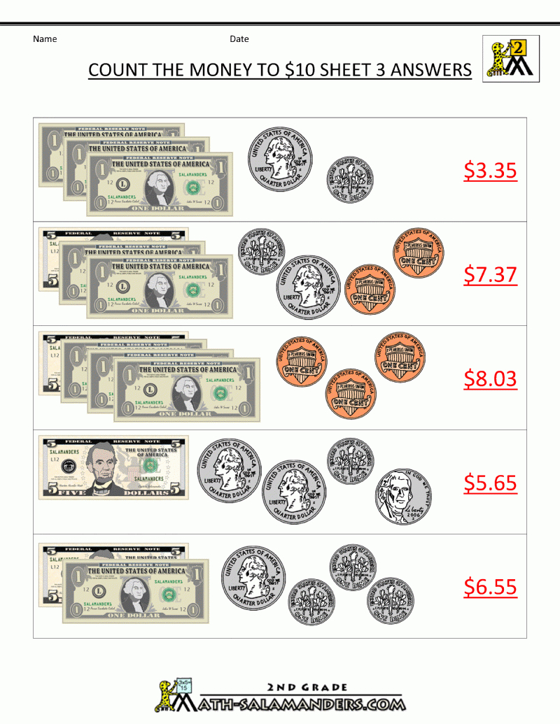Printable Money Worksheets To $10 | Printable Paper Money Worksheets