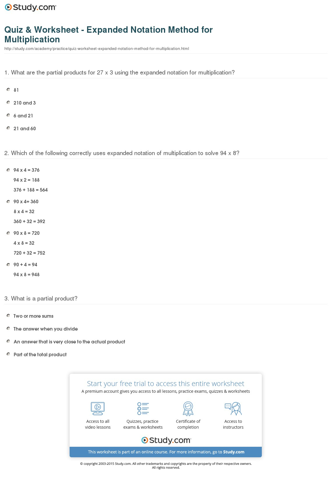 Quiz &amp;amp; Worksheet - Expanded Notation Method For Multiplication | Free Printable Expanded Notation Worksheets