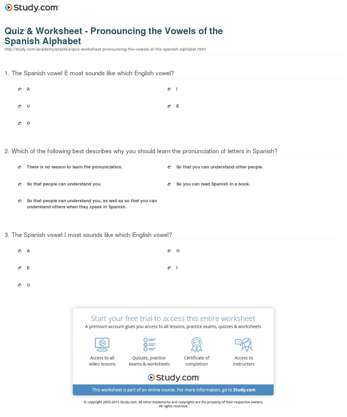 Quiz &amp;amp; Worksheet - Pronouncing The Vowels Of The Spanish Alphabet | Free Printable Spanish Alphabet Worksheets