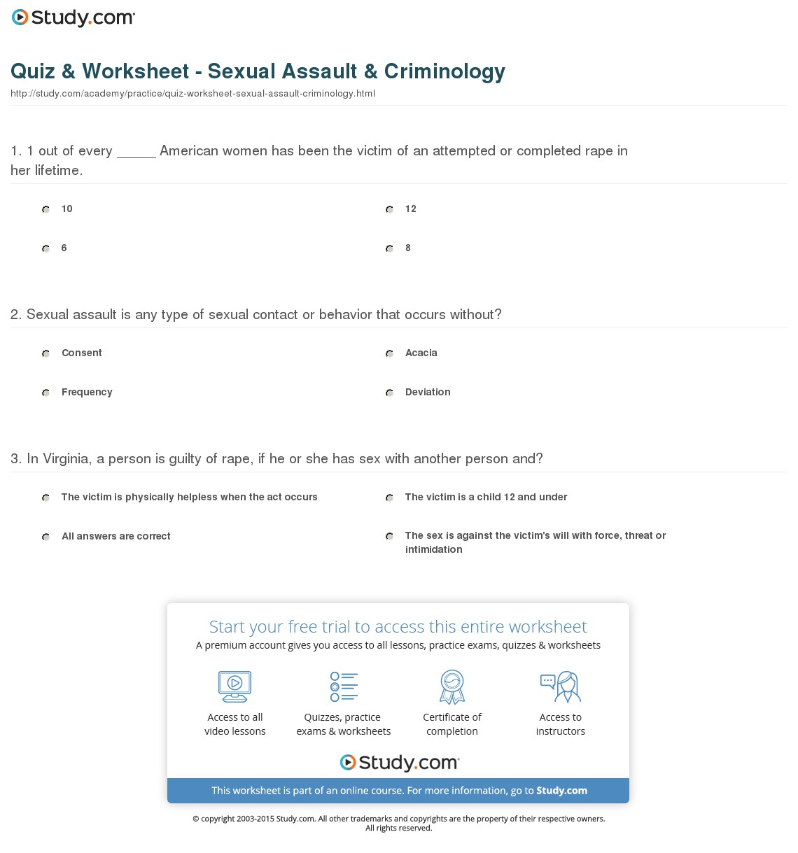 Quiz &amp;amp; Worksheet - Sexual Assault &amp;amp; Criminology | Study | Restorative Justice Printable Worksheets