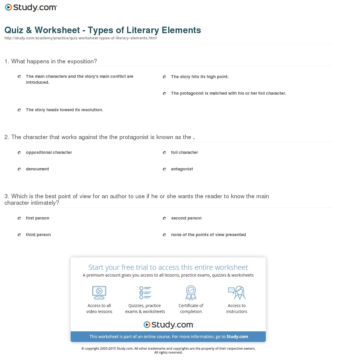 Quiz &amp;amp; Worksheet - Types Of Literary Elements | Study | Free Printable Literary Elements Worksheets