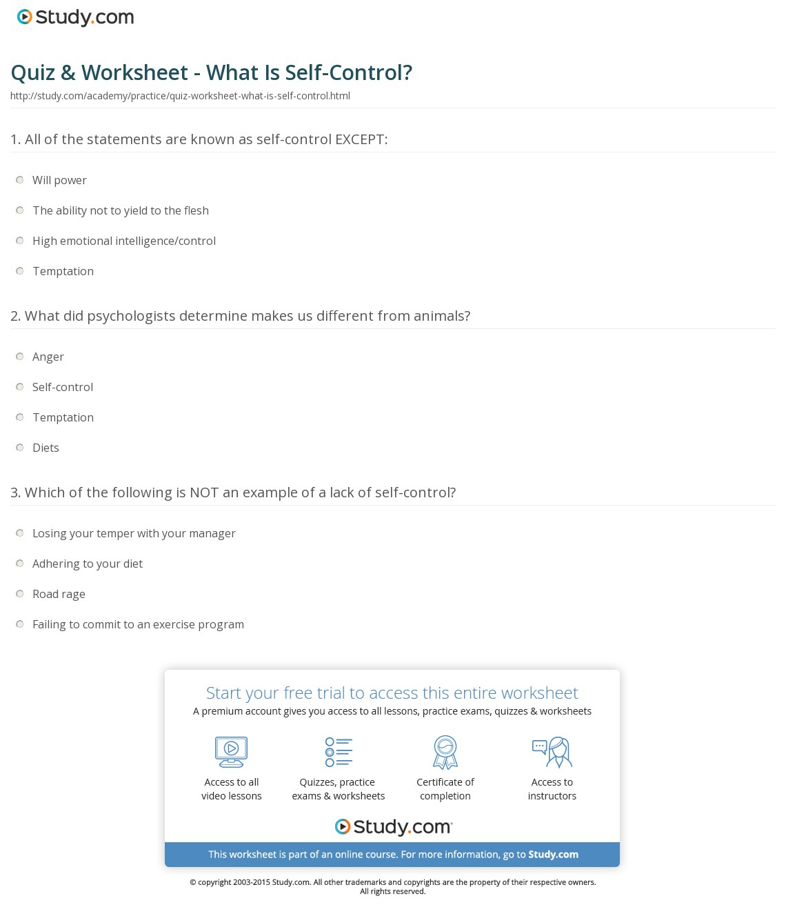 Quiz &amp;amp; Worksheet - What Is Self-Control? | Study | Free Printable Self Control Worksheets