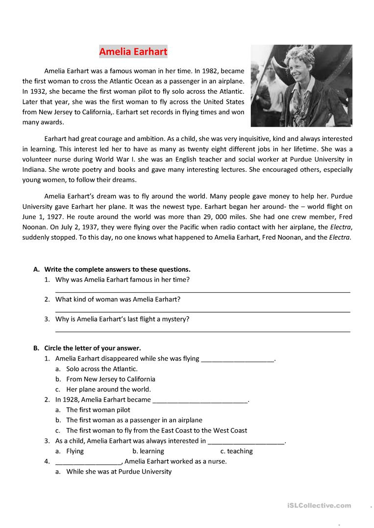 Reading About Amelia Earhart Worksheet - Free Esl Printable | Amelia Earhart Free Worksheets Printable