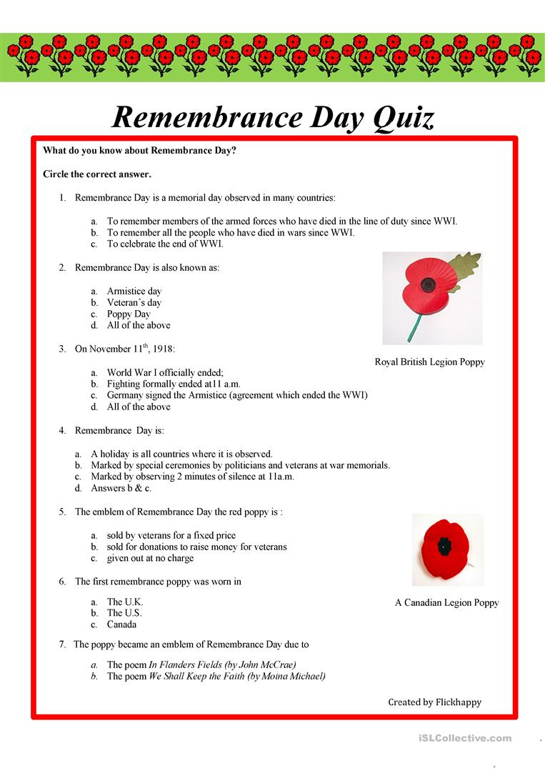 Remembrance Day Quiz Worksheet - Free Esl Printable Worksheets Made | Memorial Day Free Printable Worksheets