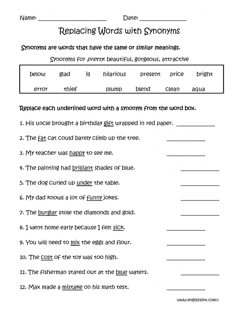 Identifying Synonyms In A Sentence Worksheet
