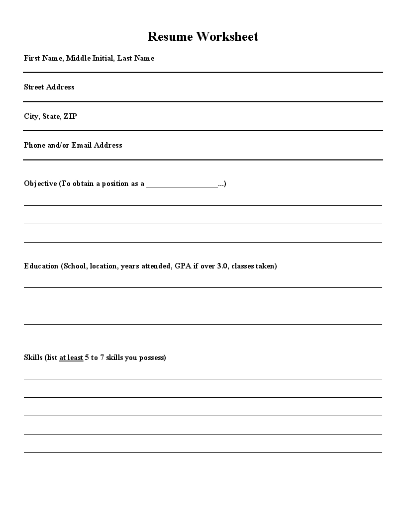 Resume Worksheet Printable And High School Template ...
